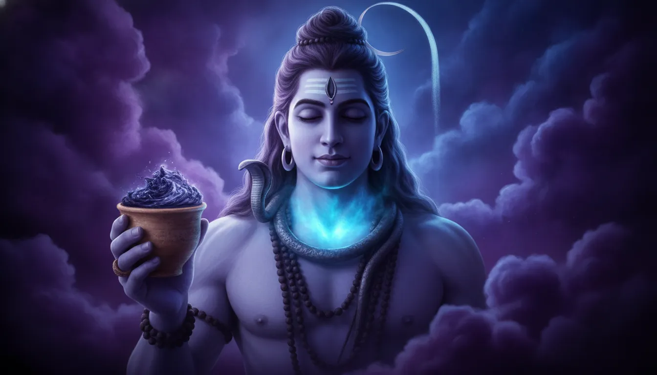 Deep spiritual 4K image representing Lord Shiva as Neelkanth with a glowing blue throat.