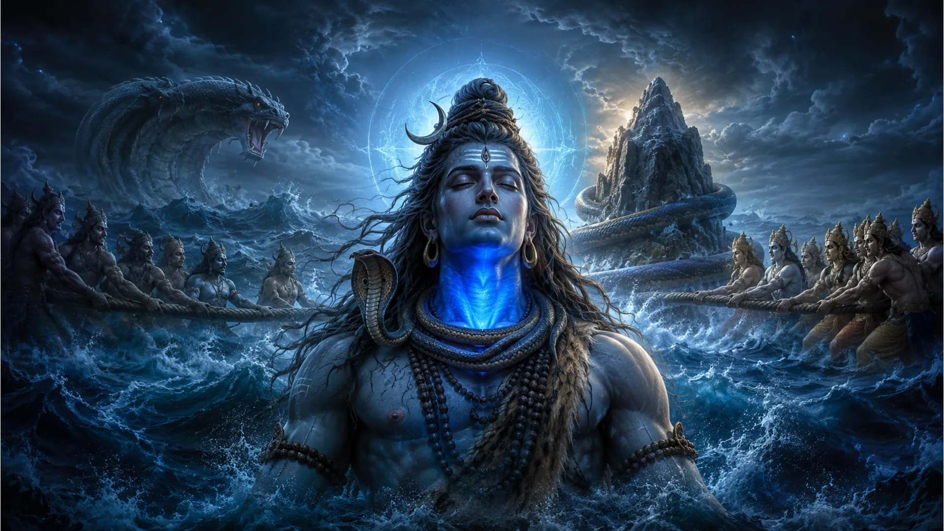 Lord Shiva as Neelkanth with a glowing blue throat during Samudra Manthan scene.