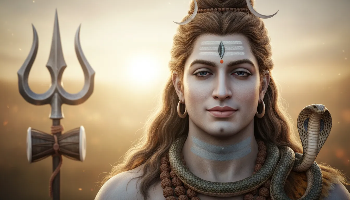 High-resolution close-up wallpaper of Lord Shiva (Neelkanth) showing the Trishul and blue neck.