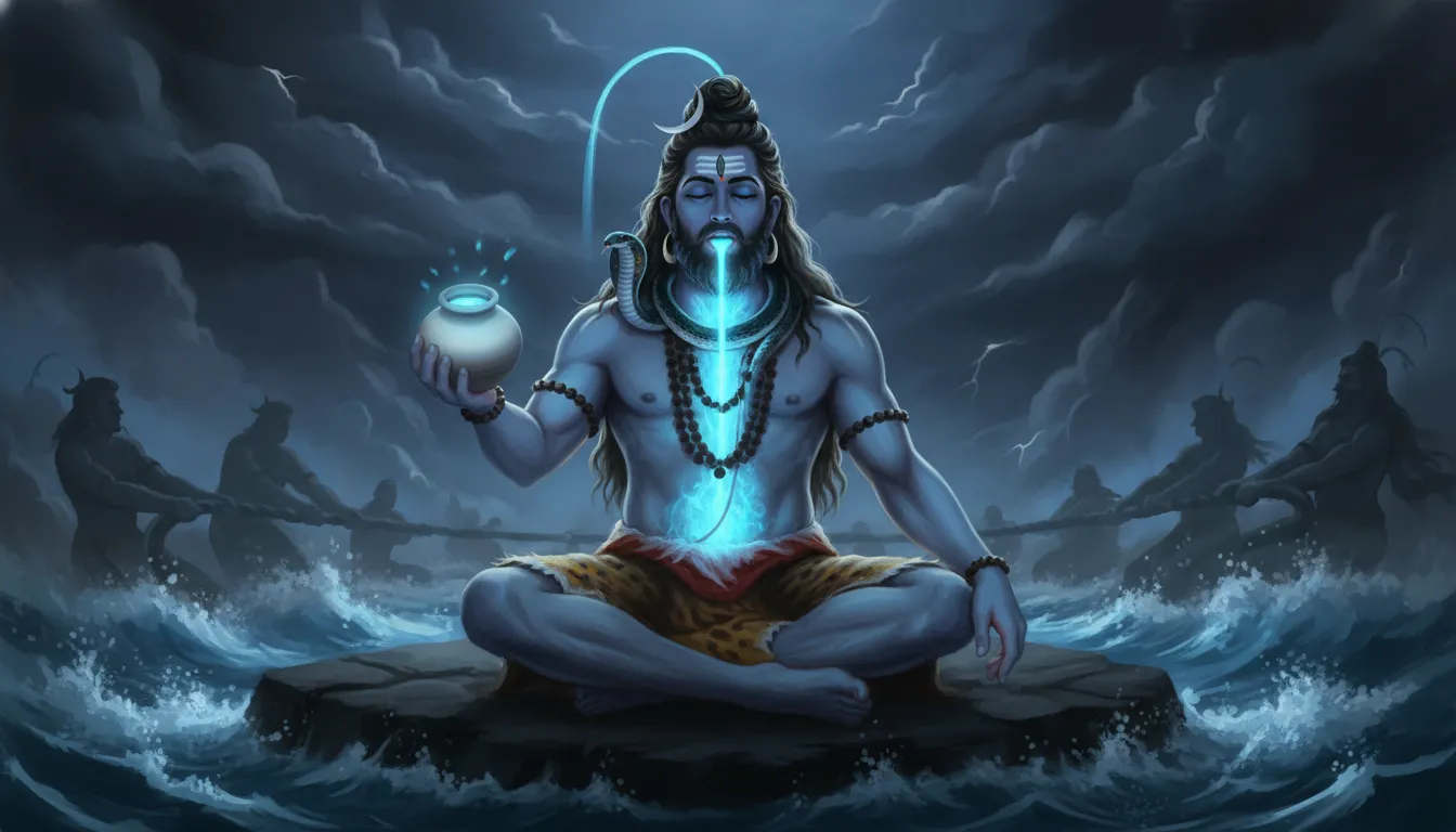 Lord Shiva holding the glowing blue Halahala poison in his throat, becoming Neelkanth.