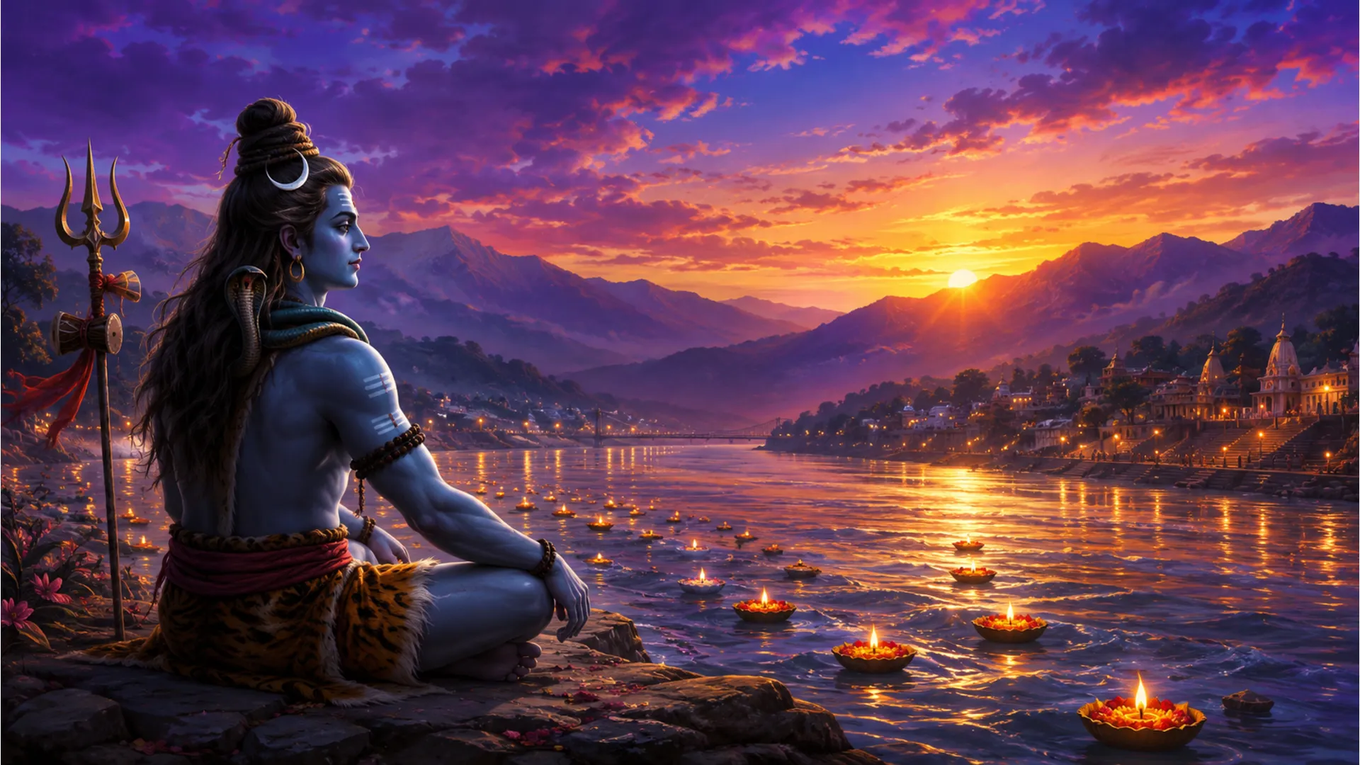 Lord Shiva sitting peacefully by the banks of the river Ganga in Rishikesh 1080p wallpaper.