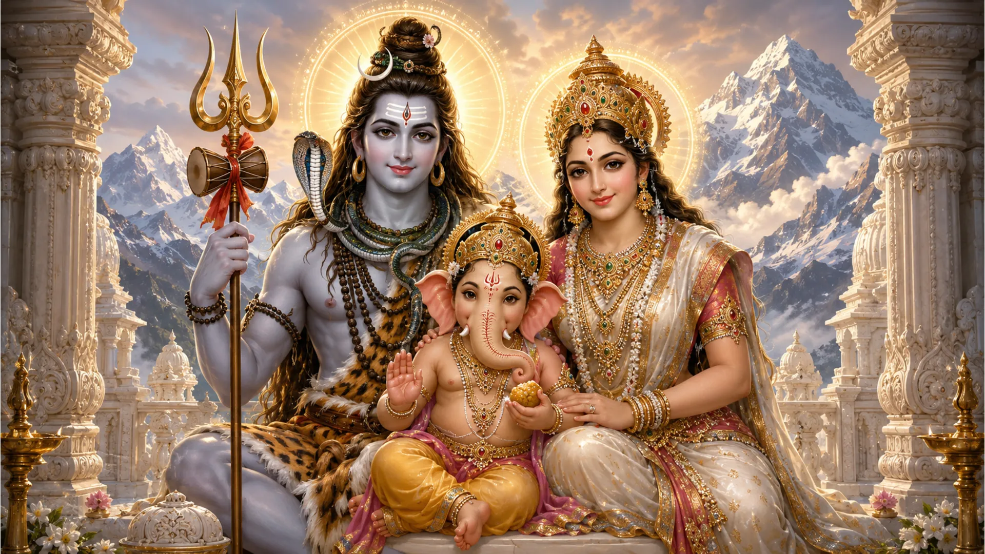 Divine Hindu family artwork of Lord Shiva, Goddess Parvati, and young Ganesha sitting together in a glowing Himalayan temple background.