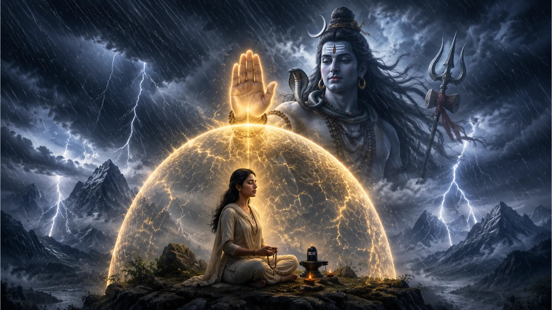 Giant Lord Shiva creating a golden shield around a brave woman praying during a storm in the mountains.