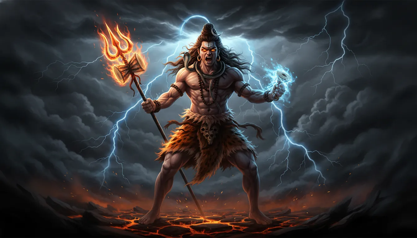 Lord Shiva in intense Rudra avatar holding Trishul in dark clouds HD wallpaper.