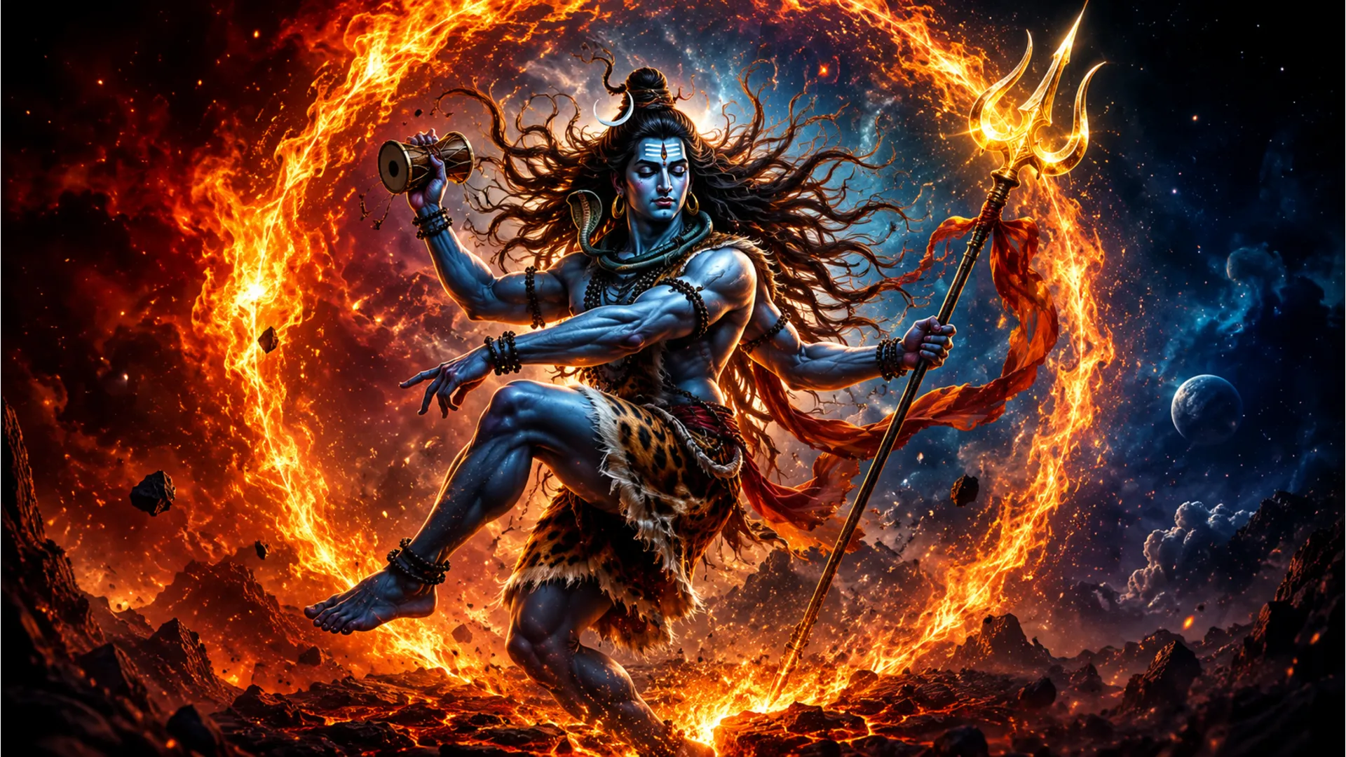 Cosmic energy in har har mahadev photo full hd showcasing Lord Shiva's Rudra Tandava.