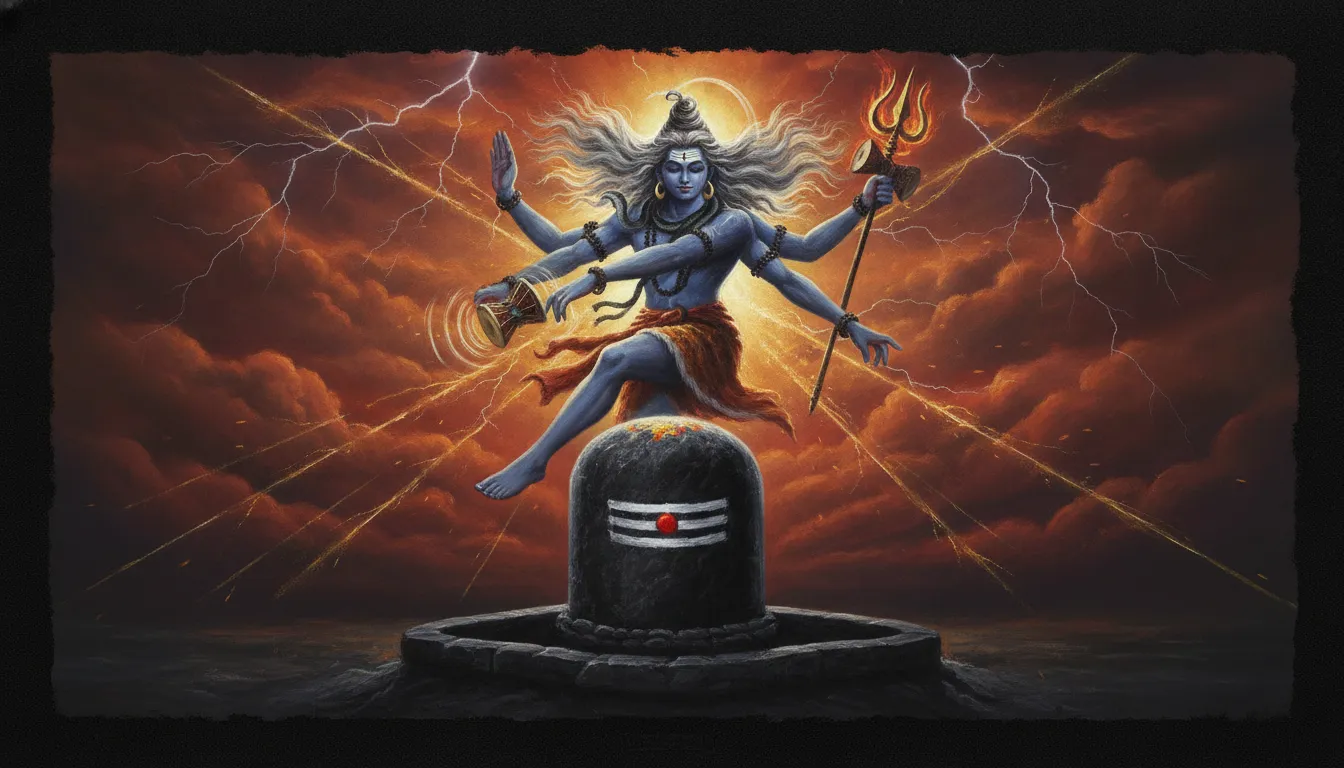 Lord Shiva performing the powerful Rudra Tandava cosmic dance behind a massive glowing black stone Shivling.