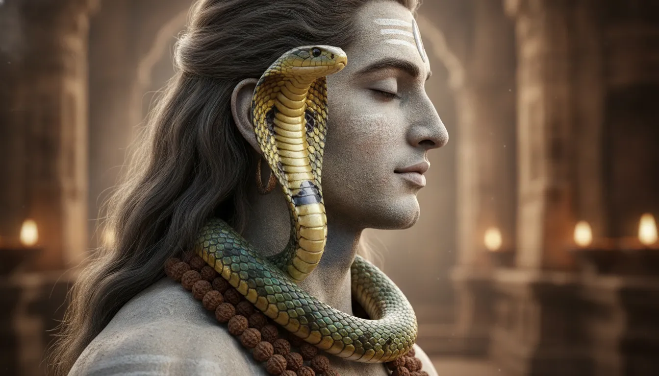 Close-up portrait of Lord Shiva wearing Rudraksha beads and the sacred cobra snake in 4K.