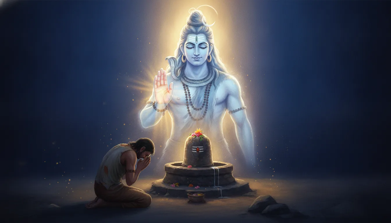 A giant translucent ethereal form of Lord Shiva blessing a humble devotee praying in front of a Shivling.