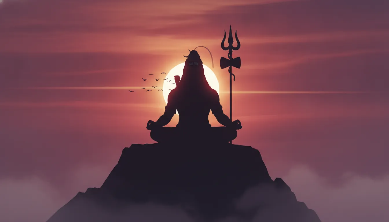 Minimalist silhouette of a giant Lord Shiva statue against a vibrant sunset sky in 4K.
