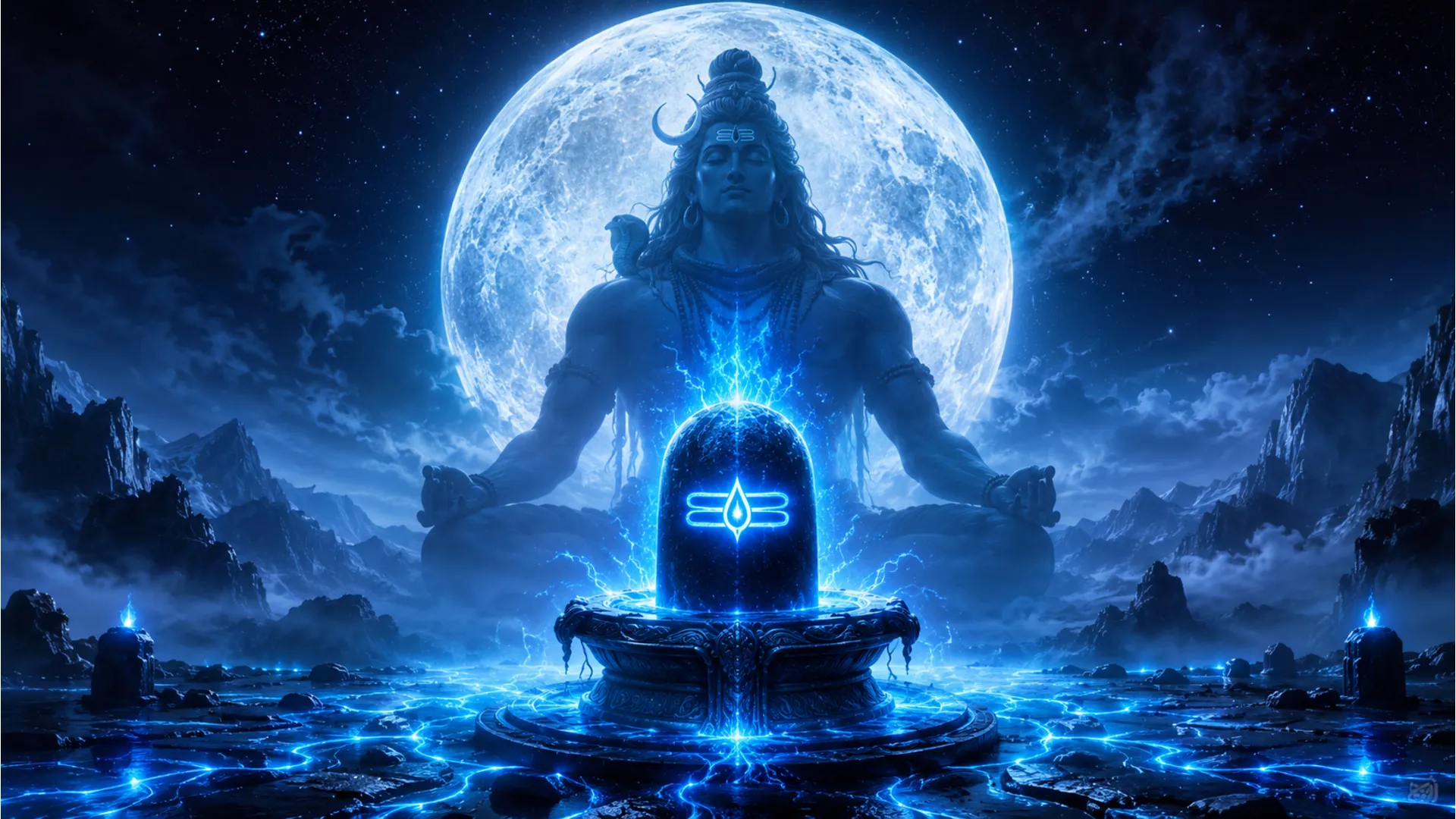 Lord Shiva meditating silhouette background with a vibrant neon blue glowing Shivling image photo