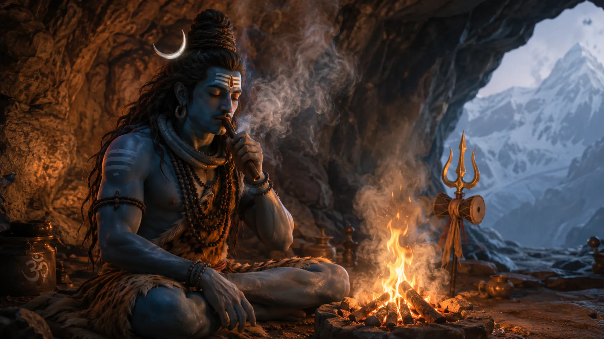 Spiritual har har mahadev ganja photo of Shiva near a sacred dhuni fire.