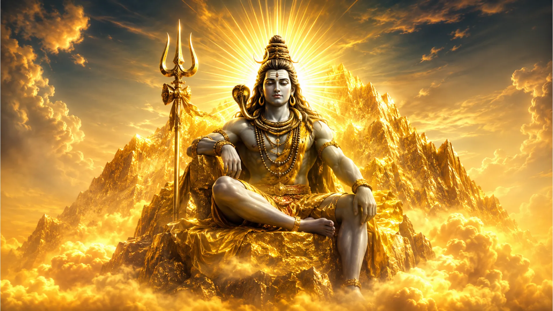 Majestic har har mahadev gold photo of Shiva on a golden mountain peak.