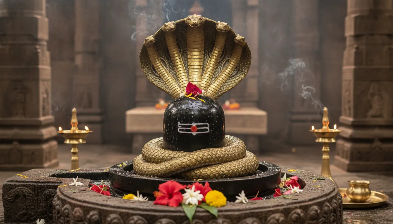 A powerful golden multi-headed snake King Vasuki shielding a polished black stone Shivling with its hood.