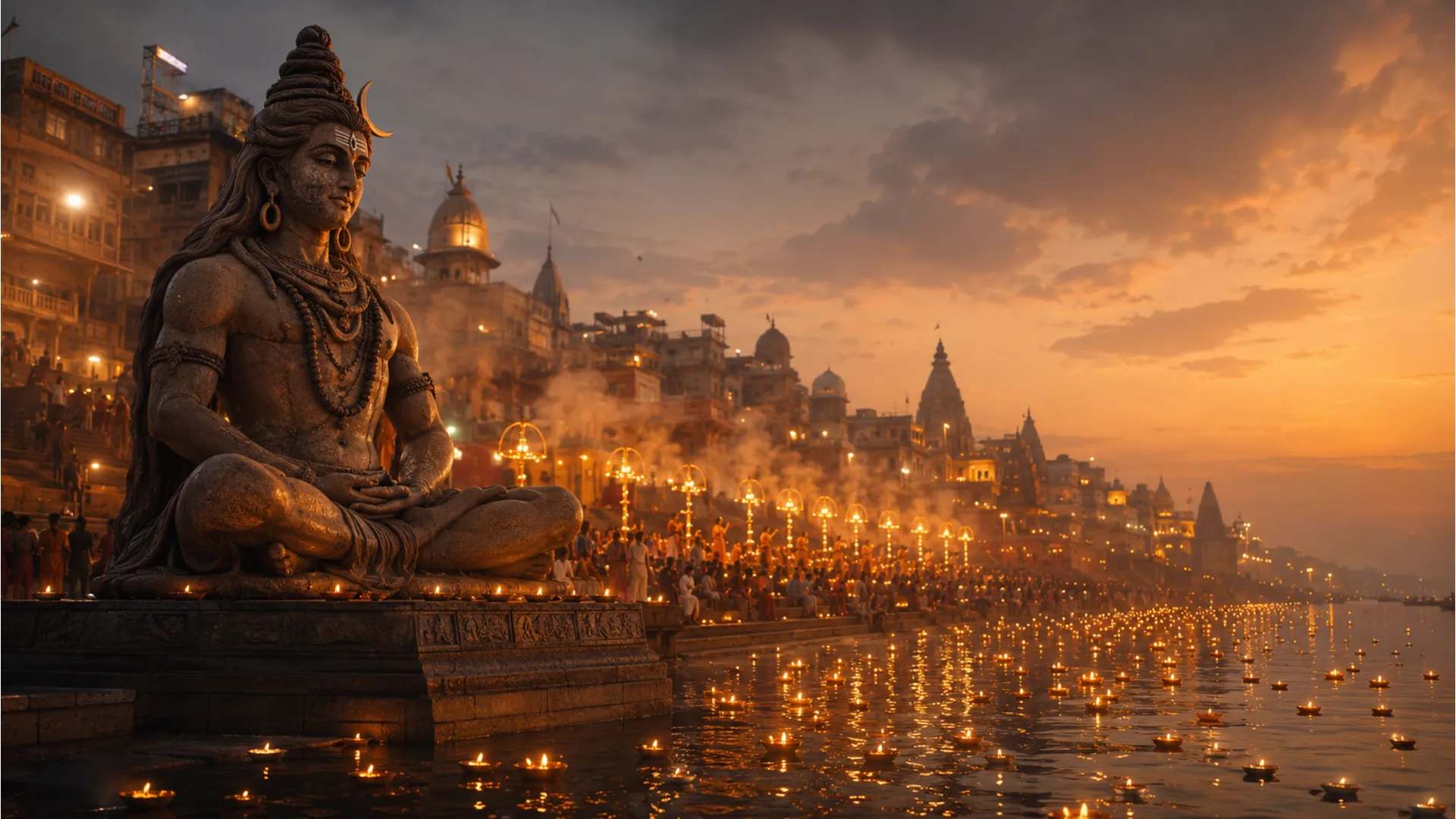 A majestic statue of Lord Shiva meditating on the banks of the river Ganga in Varanasi during evening Aarti.