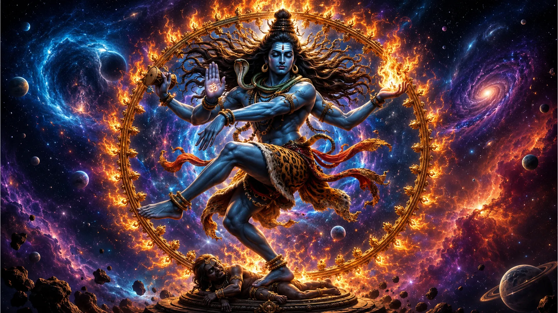 Spiritual image of Lord Shiva performing the divine Tandava cosmic dance.