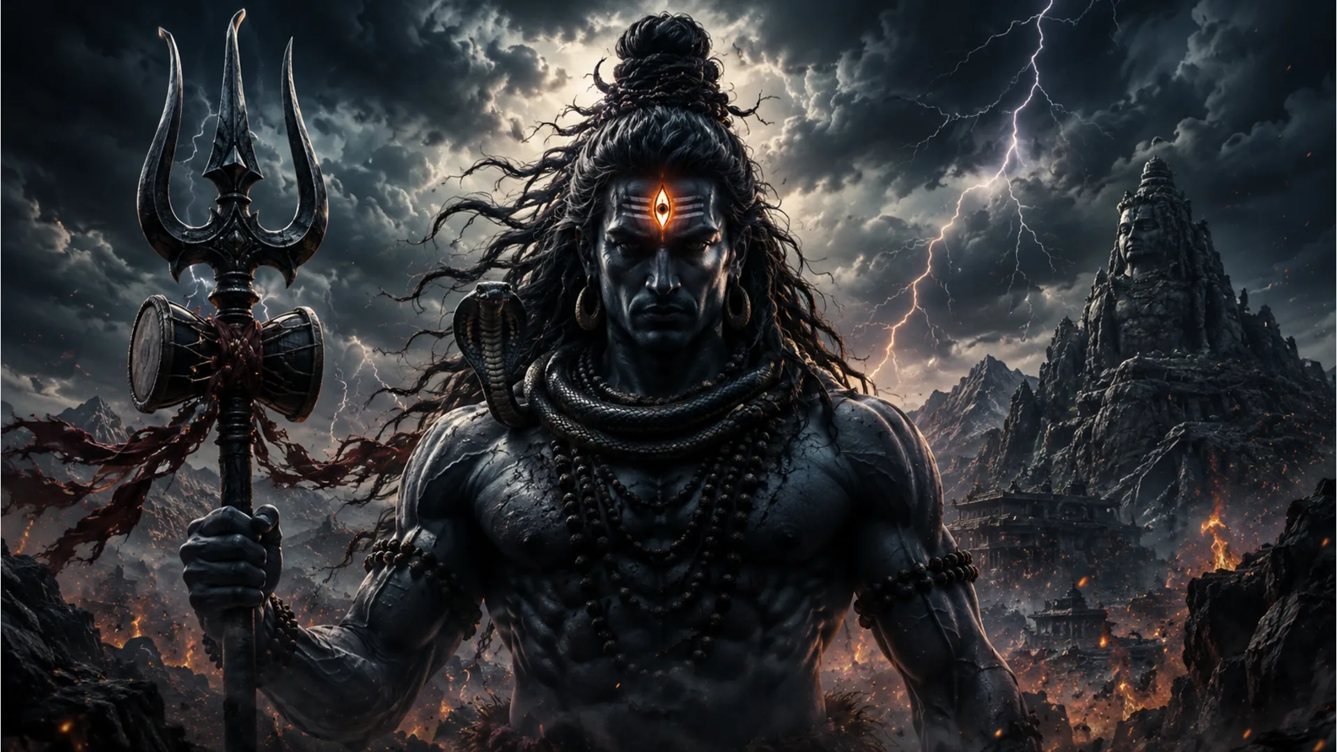 Angry Lord Shiva Rudra avatar with a glowing third eye in full HD 1080p resolution.