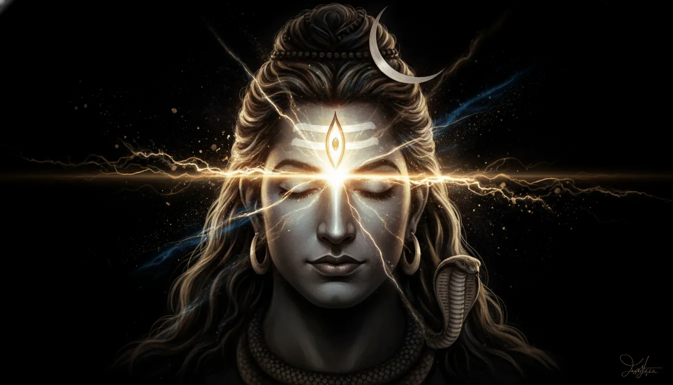 Spiritual wallpaper depicting Lord Shiva with his third eye opening and emitting divine light.