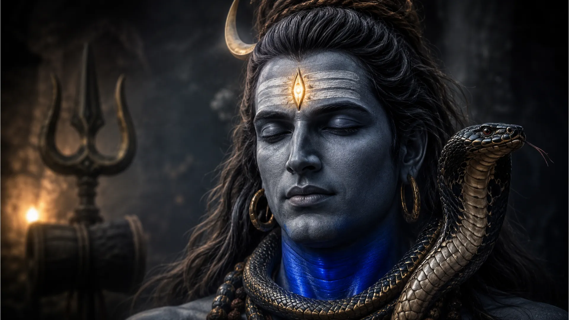 Close-up face of Lord Shiva with his third eye glowing with divine golden light.