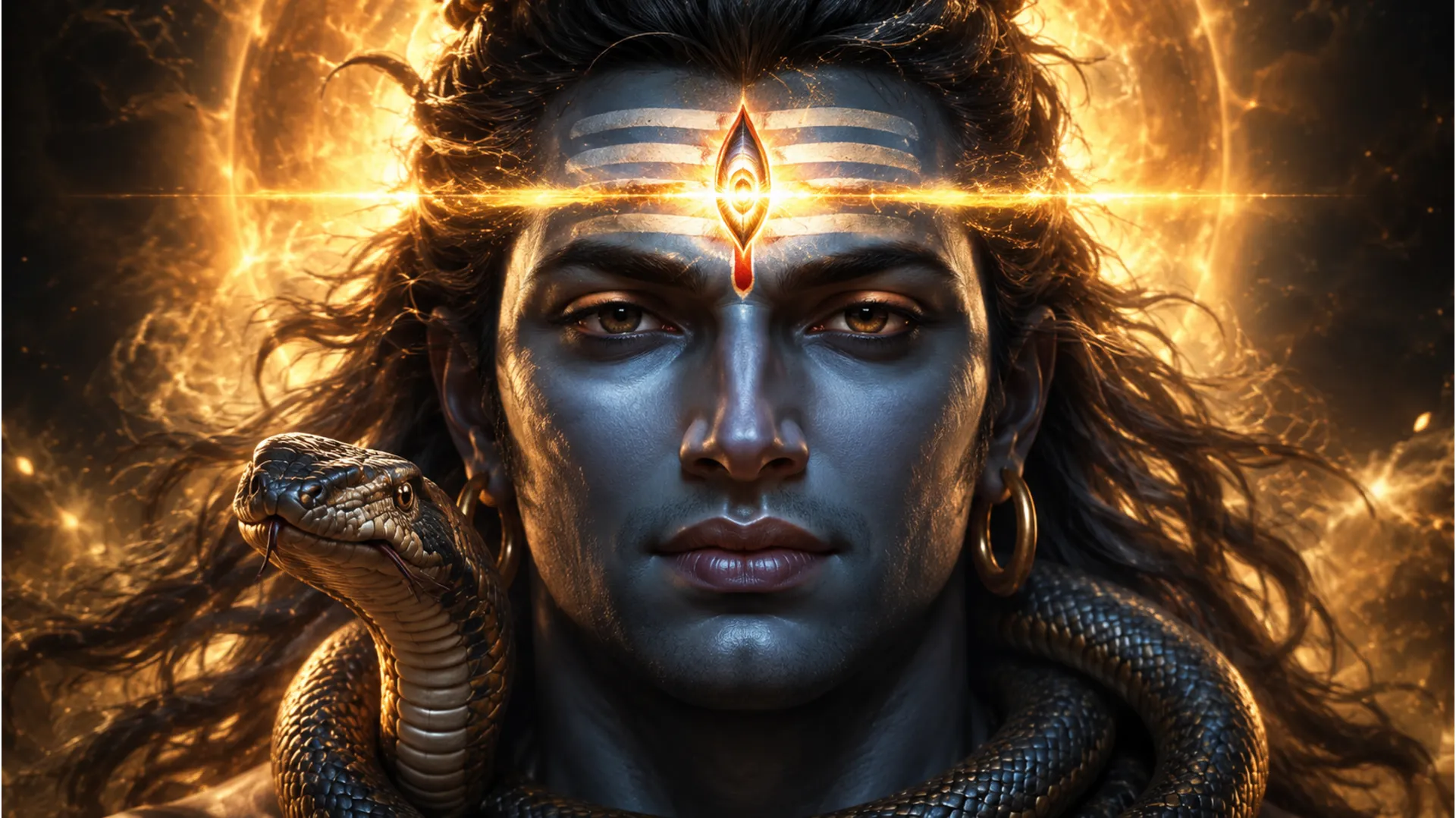 Closeup Har Har Mahadev ke photo focusing on the opening of the third eye.