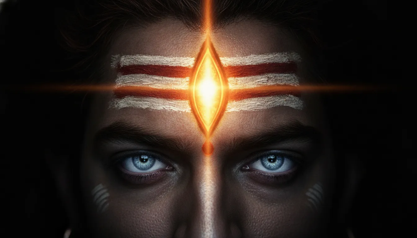 Close-up of Lord Shiva opening his third eye with fiery energy and Har Har Mahadev status poetry.