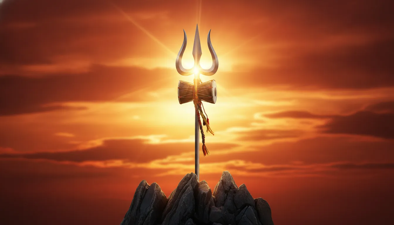 Silhouette of Lord Shiva's Trishul and Damru against a golden sunset with Har Har Mahadev shayari.