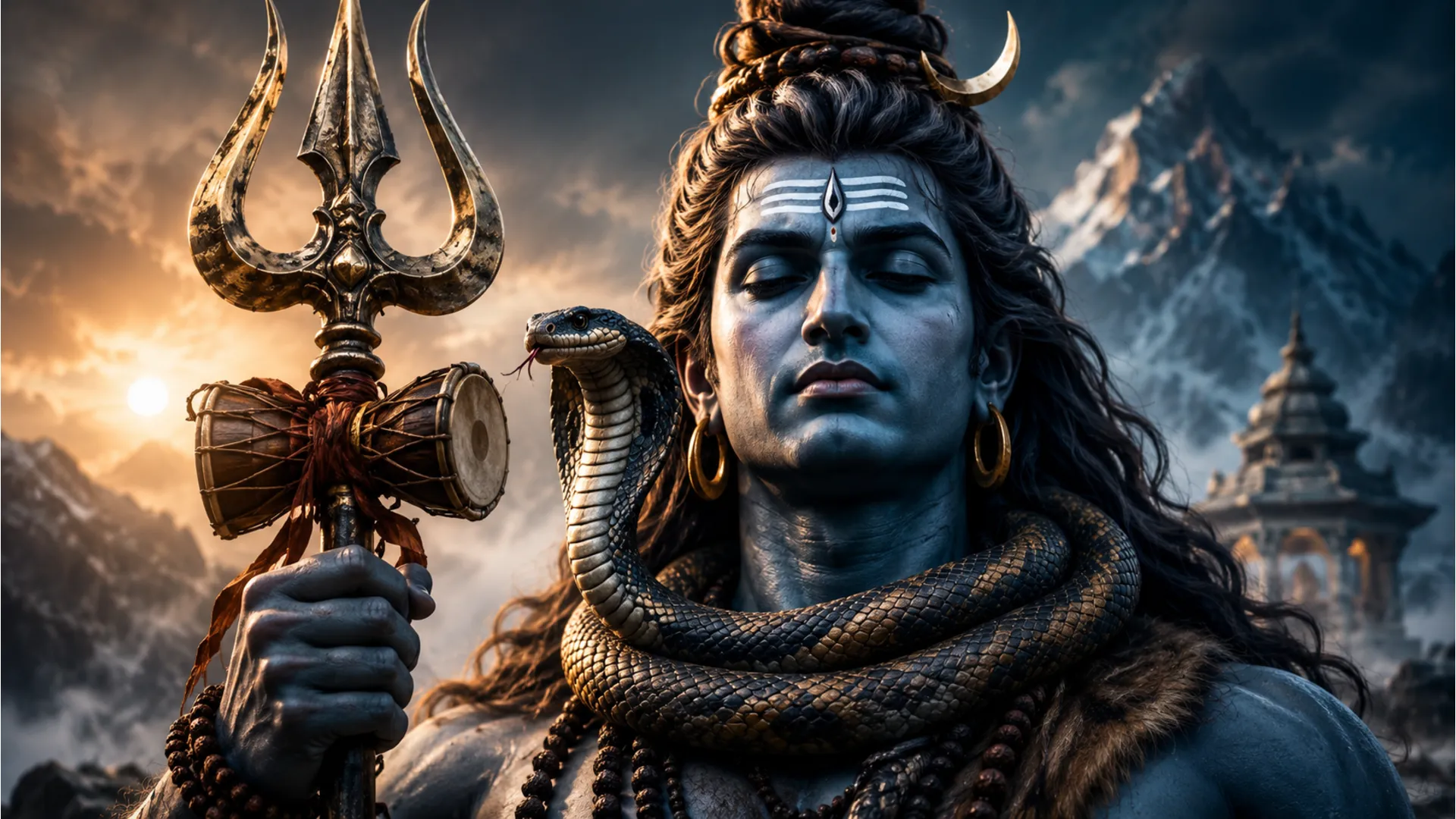 A close-up wallpaper of Lord Shiva, emphasizing the serpent around his neck and the sacred Trishul.