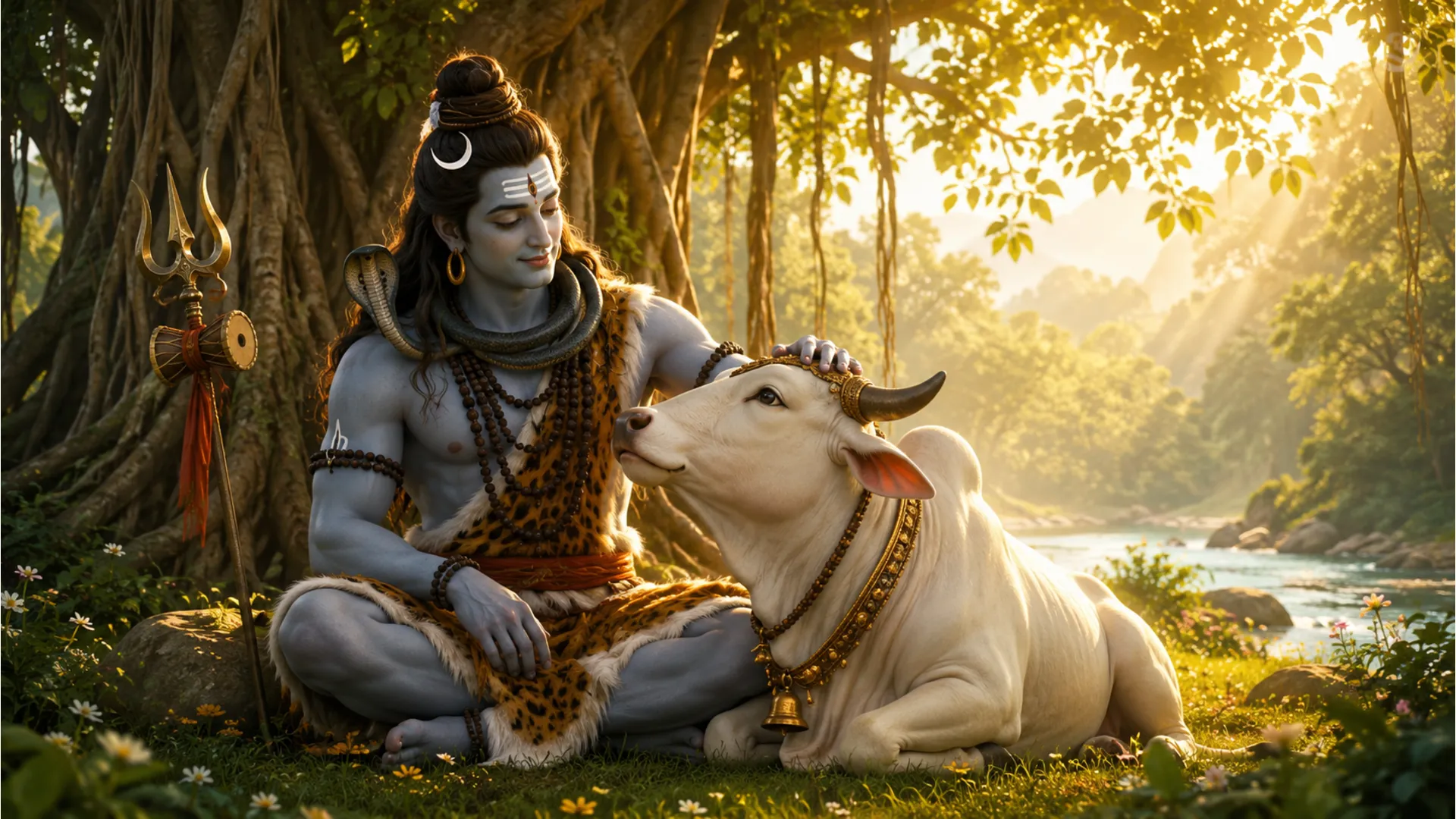 Har Har Mahadev download photo with Lord Shiva and Nandi bull in a peaceful forest
