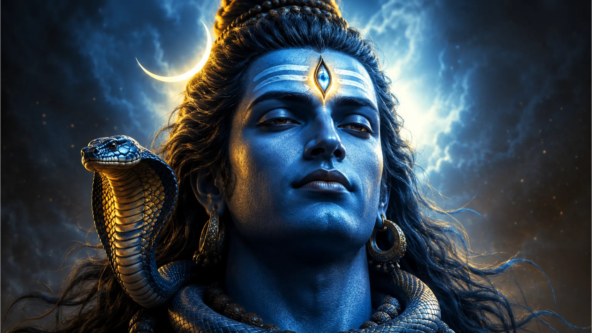 Lord Shiva close up wallpaper with a glowing third eye in HD 1080p.