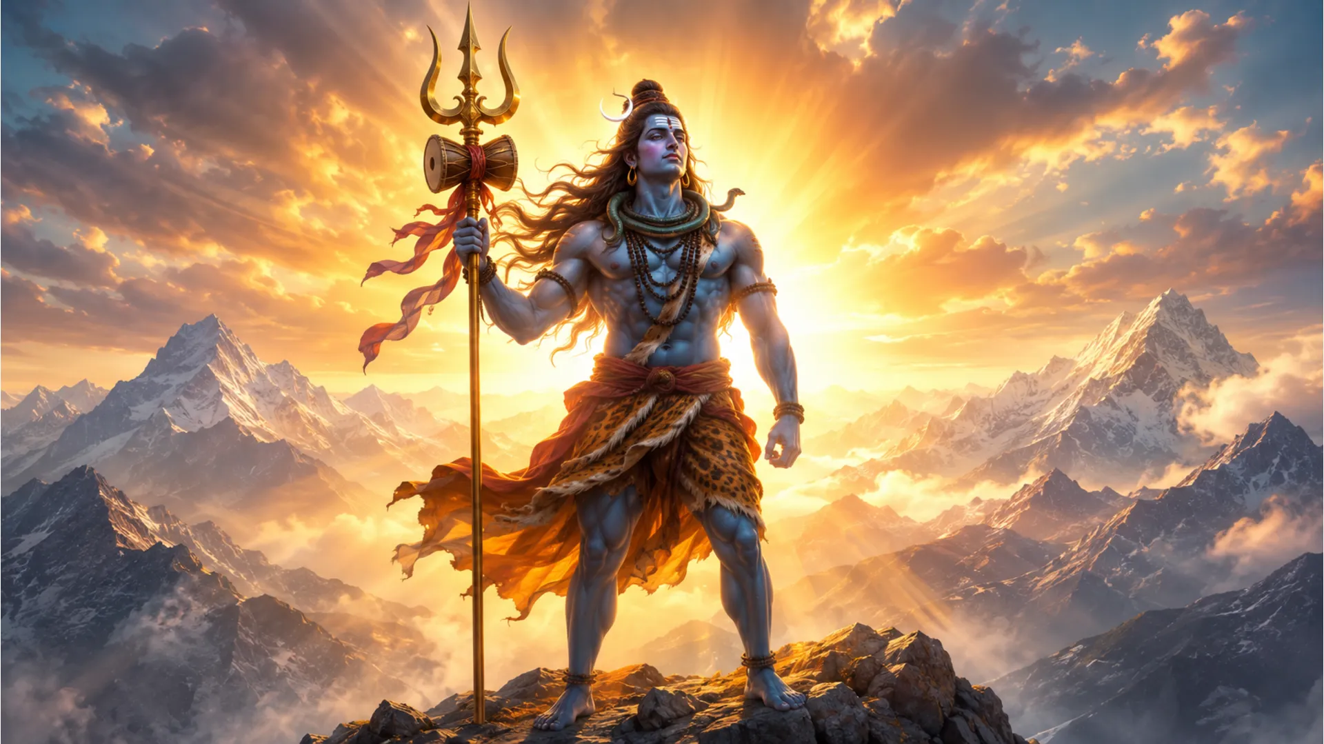 Lord Shiva standing powerfully holding a golden trishul, Har Har Mahadev image hd
