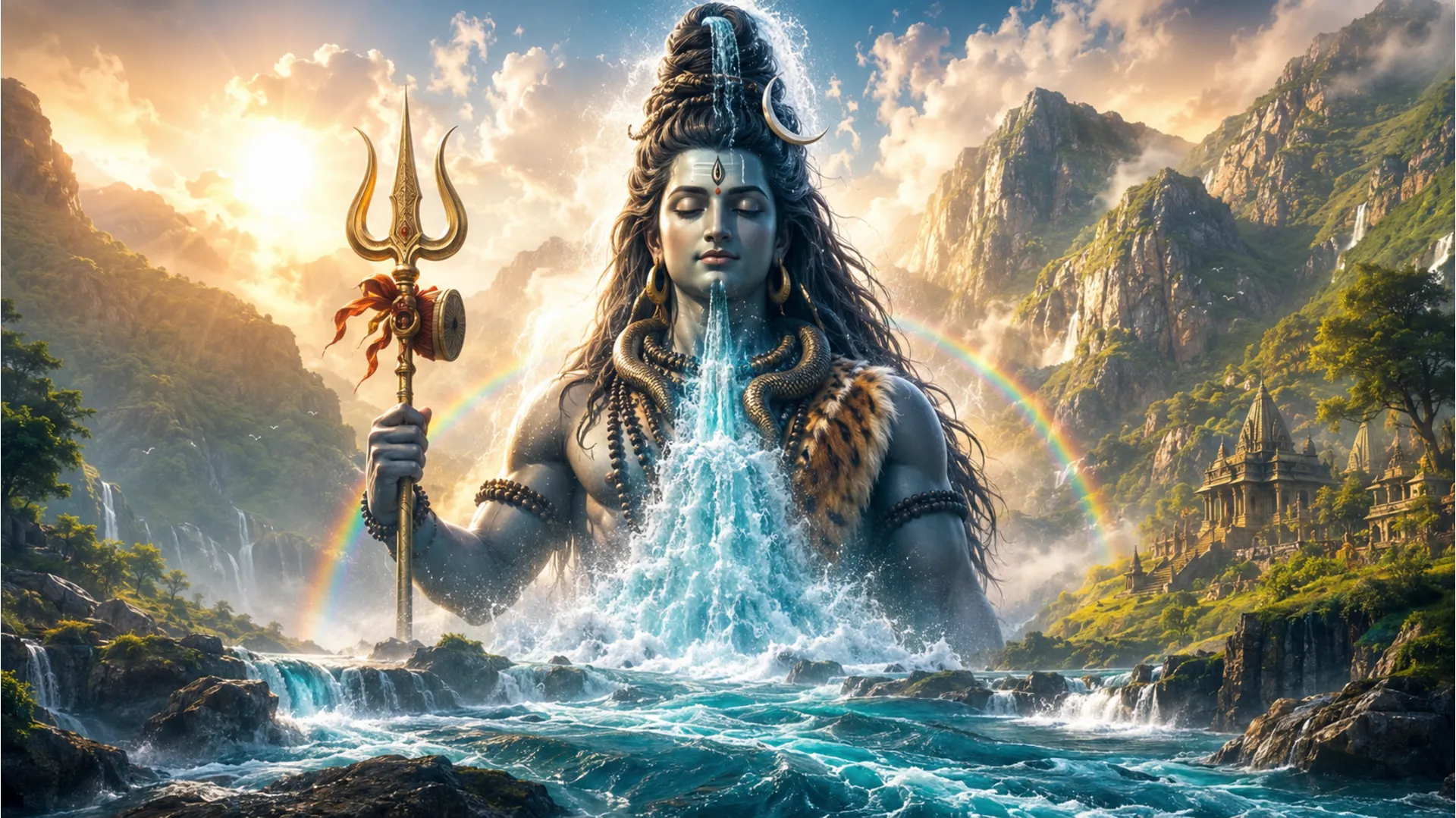 Beautiful artwork of the holy river Ganga flowing from Lord Shiva's matted hair, Har Har Mahadev photo download MP3.