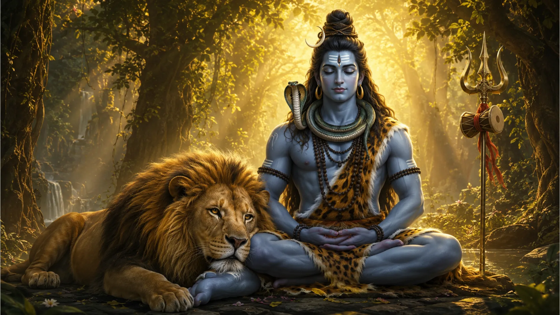 Artistic wallpaper of Lord Shiva sitting majestically next to a calm lion.