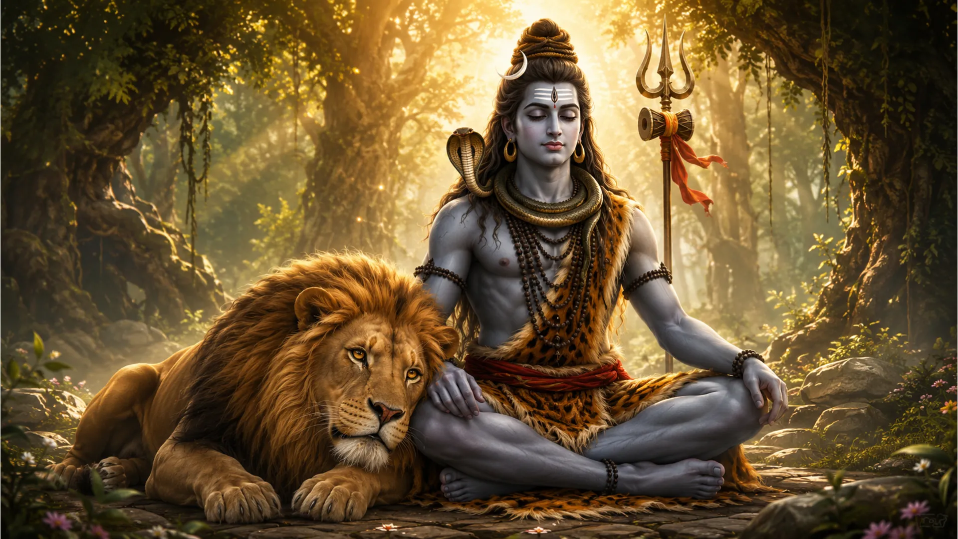 Artistic wallpaper of Lord Shiva sitting majestically next to a calm lion.