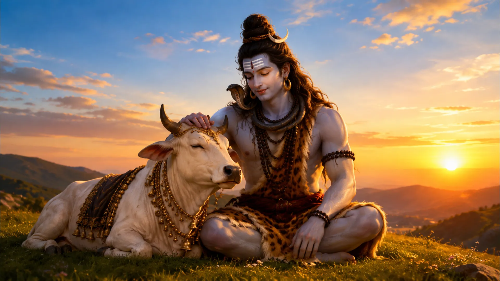 Lord Shiva sitting peacefully with his sacred vehicle, Nandi the bull, in 1080p.
