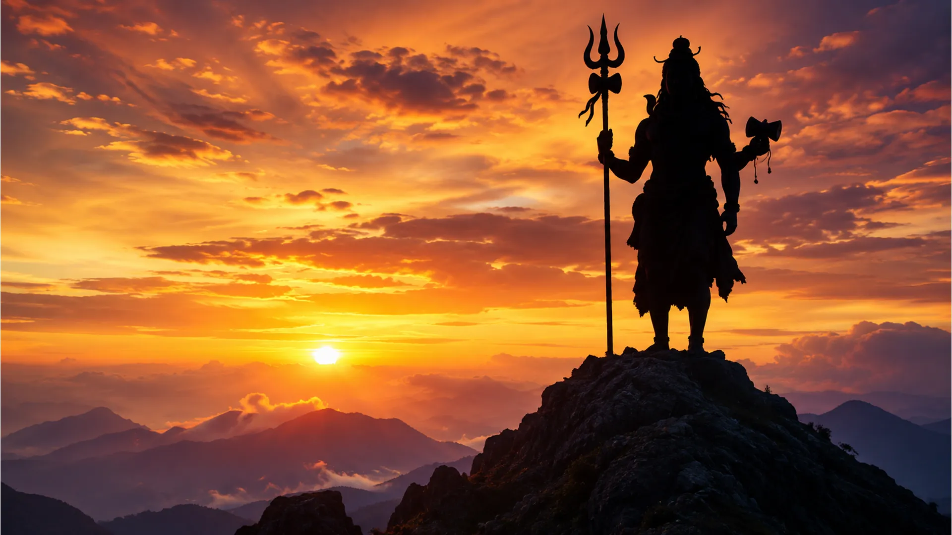 Silhouette of Lord Shiva standing on a mountain peak against a golden sunset background.