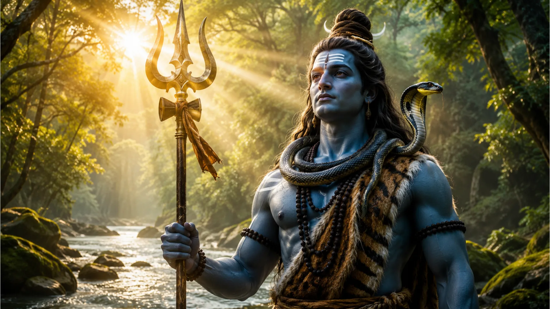 Har Har Mahadev photo in HD of Lord Shiva standing with Trishul in a mystical forest.