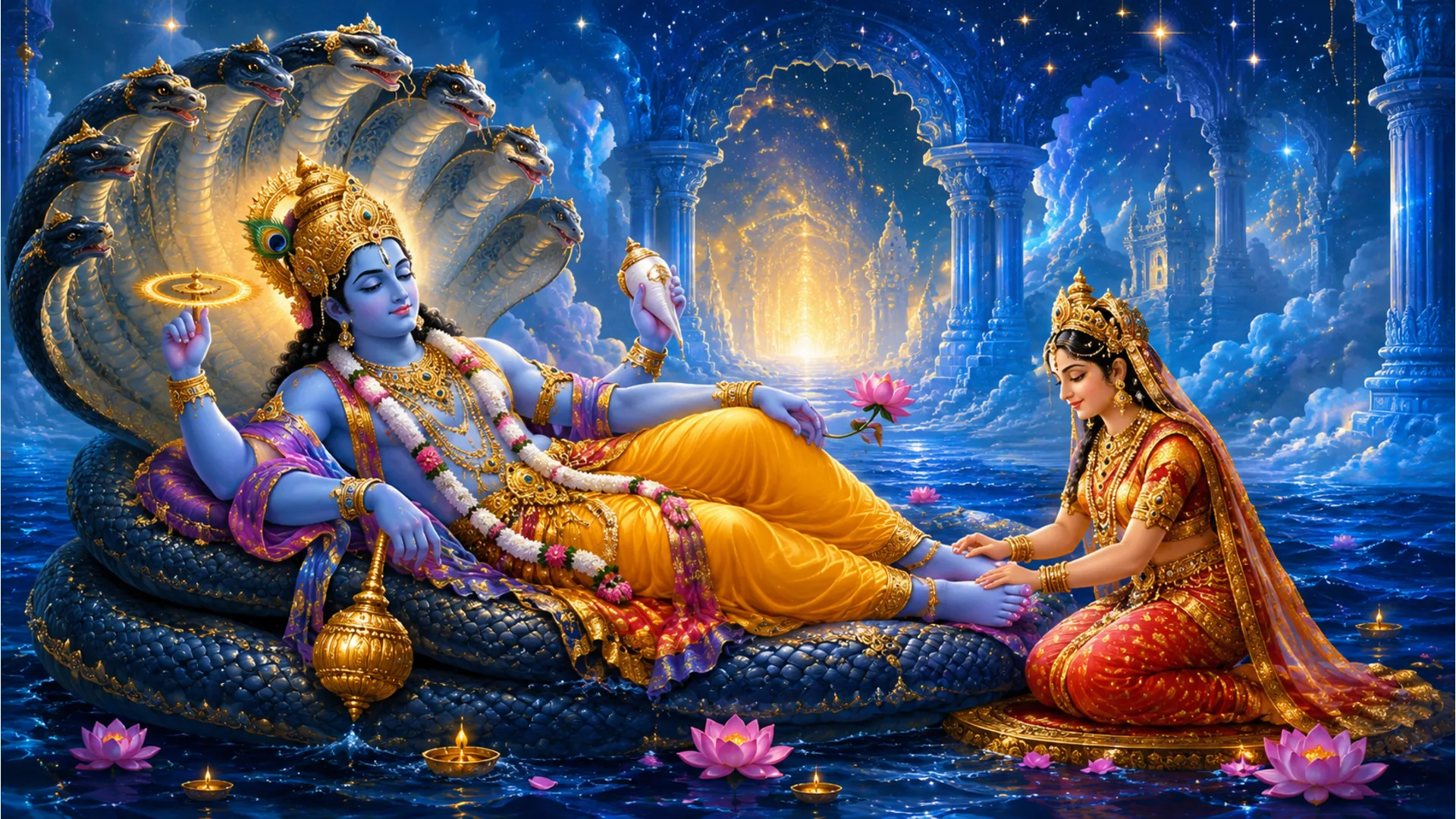 Divine artwork of Lord Vishnu resting on the cosmic serpent Sheshnag with Goddess Lakshmi in a glowing celestial temple.