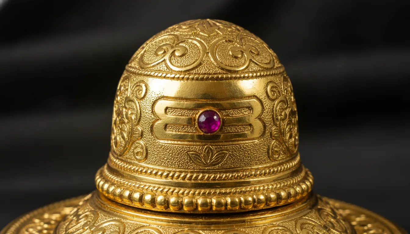 Highly detailed solid gold Shivling engraved with traditional patterns and embedded with precious rubies.