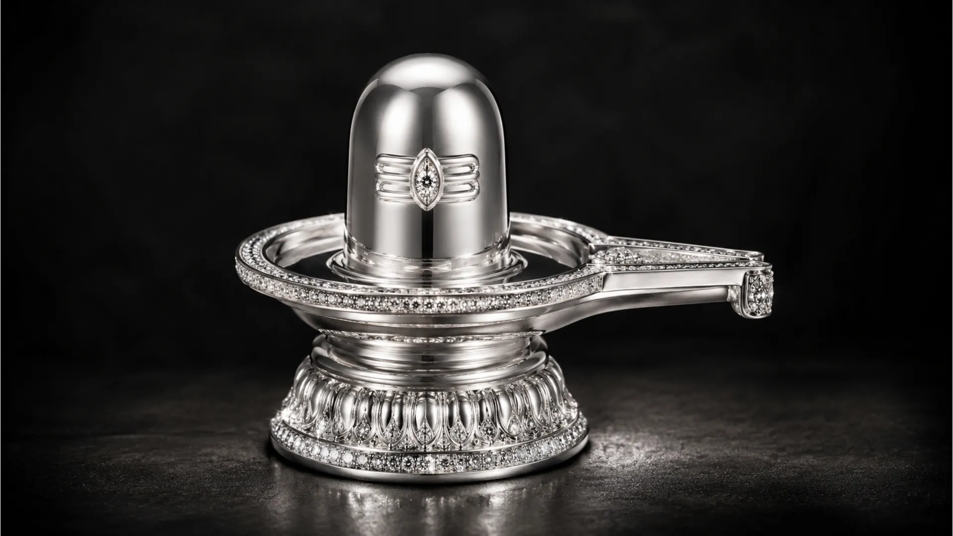 A luxury sterling silver shivling beautifully decorated with tiny sparkling diamond stones along the rim.
