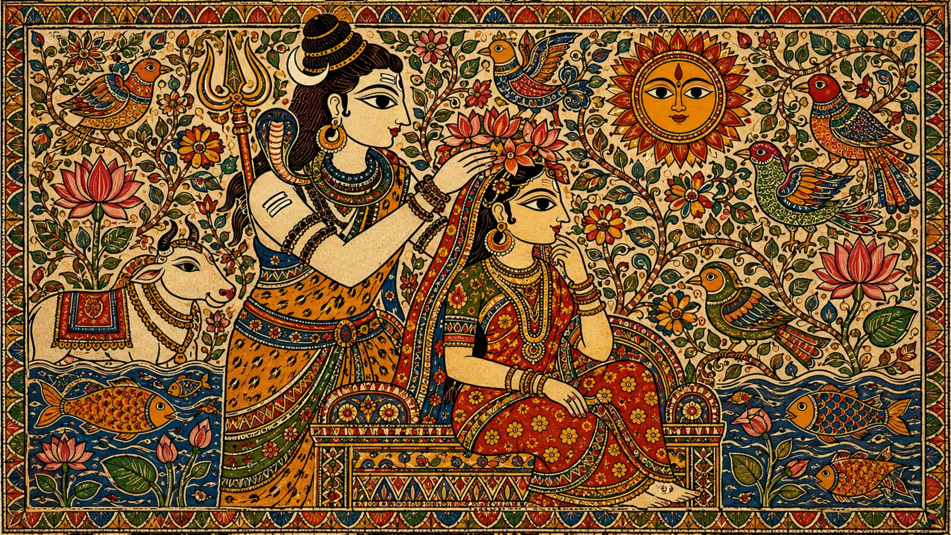 Traditional Madhubani folk painting with intricate line art showing Lord Shiva placing flowers in Parvati hair filled with nature motifs.