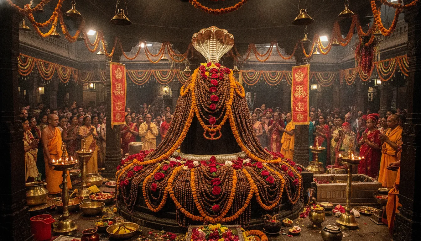 Maha Shivaratri festive celebrations and dynamic images of shivling at pashupatinath temple adorned with rich seasonal flowers.