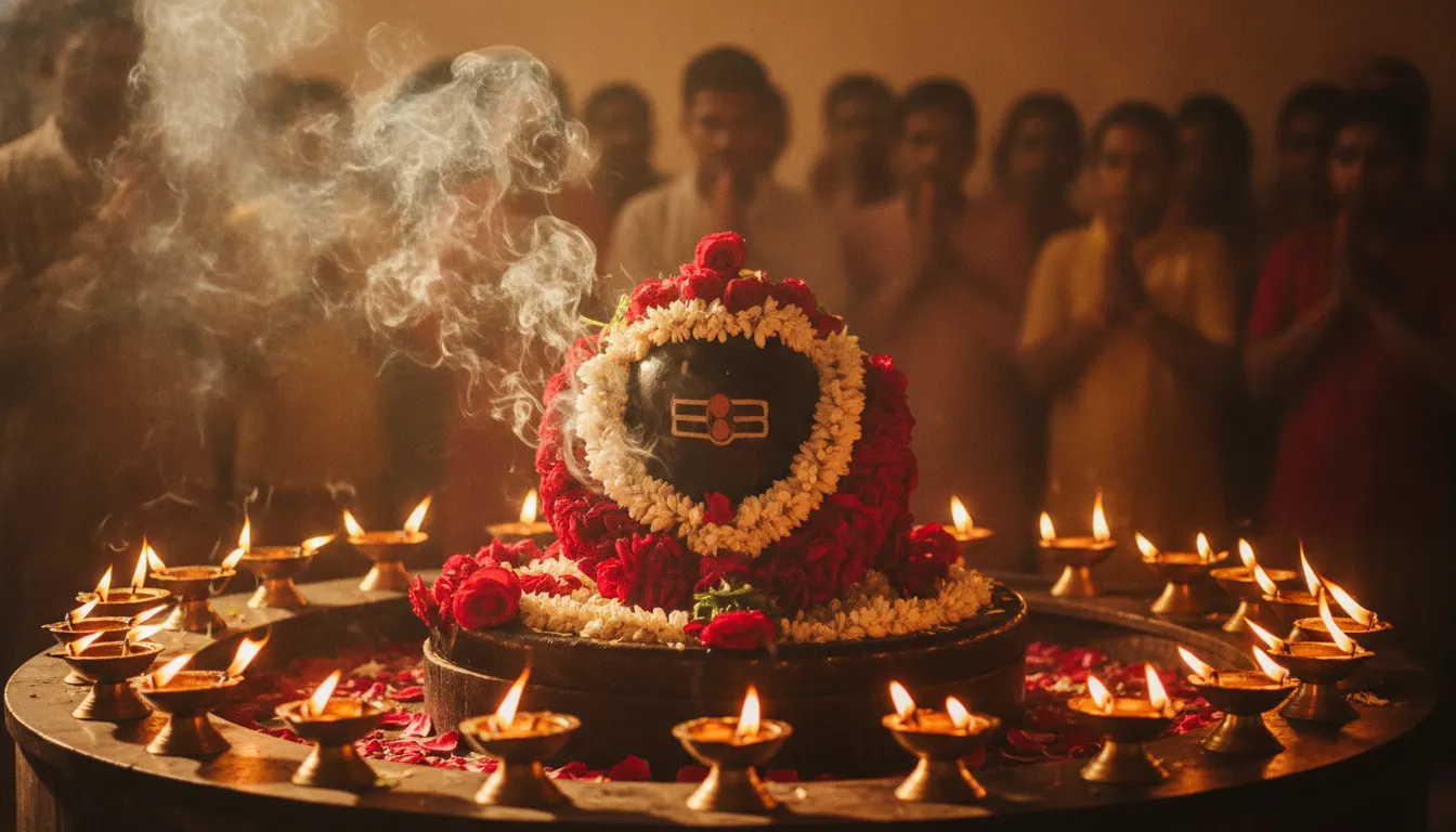 Holy Shivling surrounded by multiple burning brass oil lamps during evening aarti.