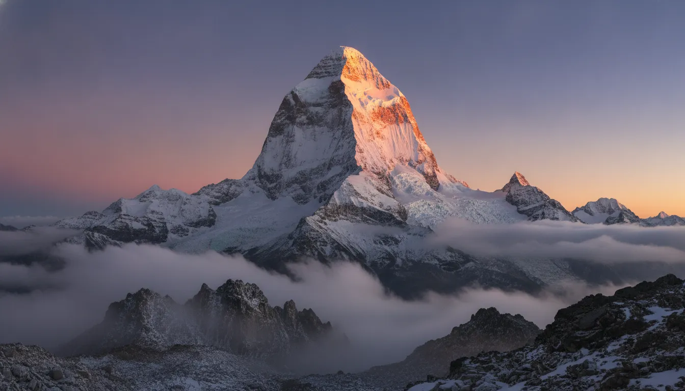 Majestic Maha Shivling mountain peak shaped like a Shivling during a golden sunrise.