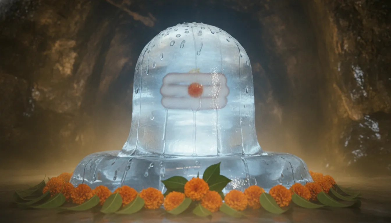 Natural ice Shivling formation inside a stone cave with soft divine light glowing from within.