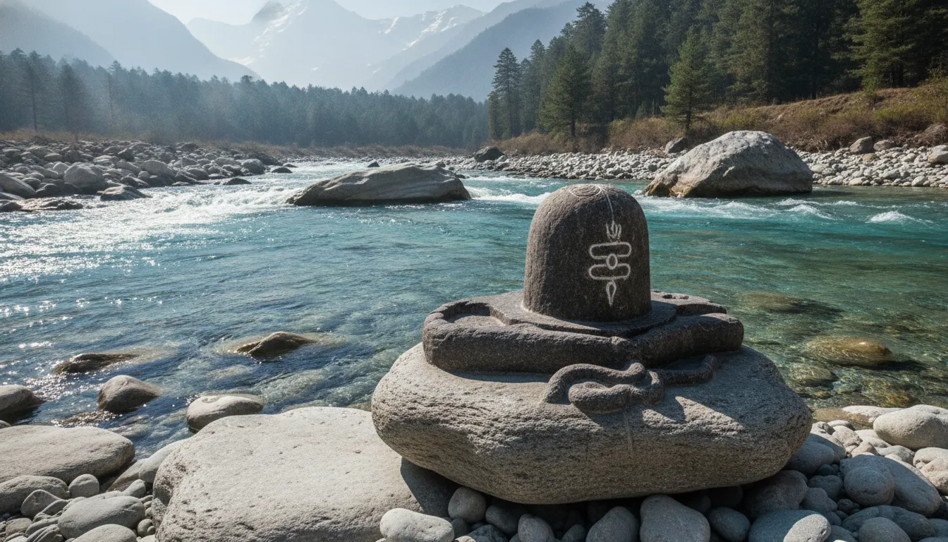 A sacred Shivling placed on the rocky banks of a fast-flowing glacial Himalayan river.