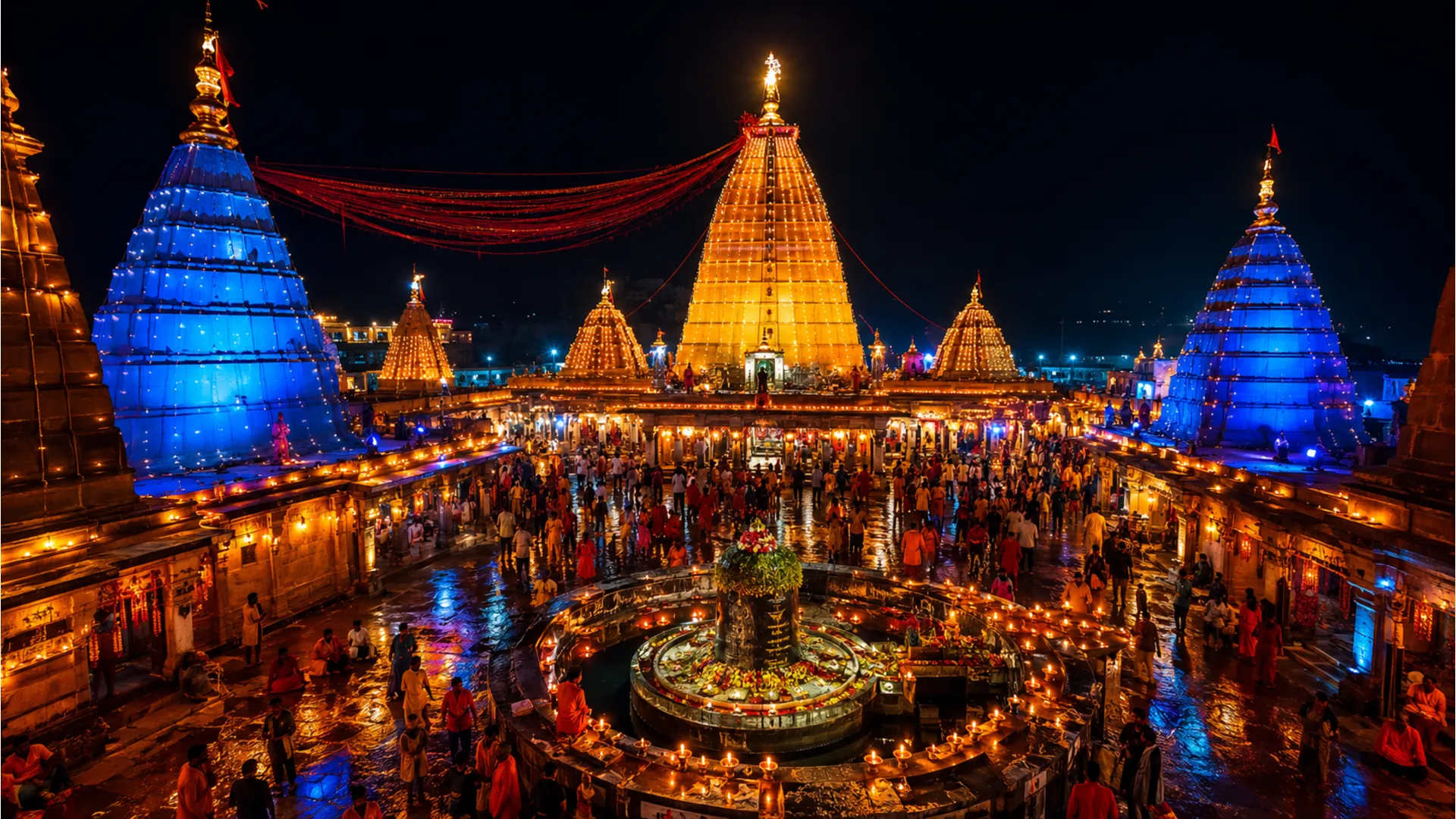 Festive decorative lighting illuminating the entire Deoghar temple complex on Shivratri.