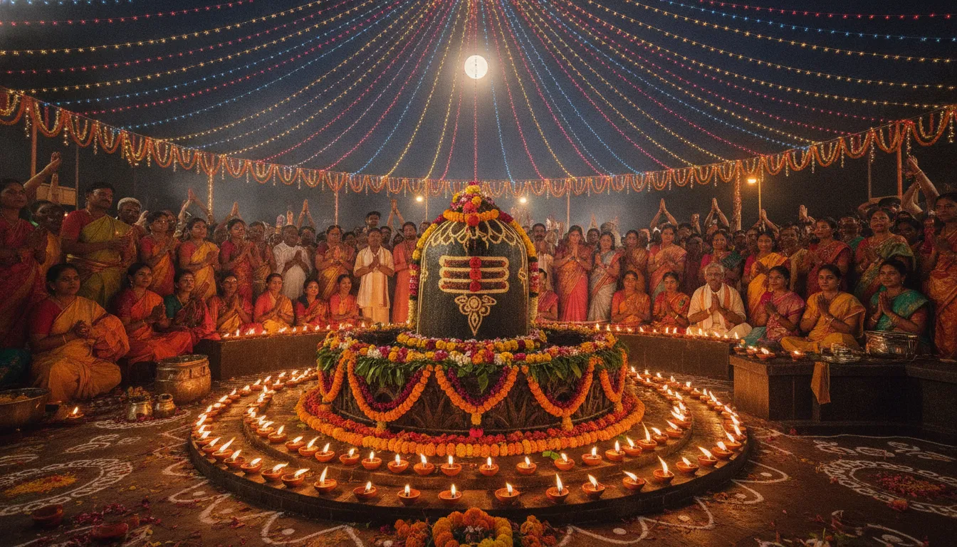 A beautiful Maha Shivratri night celebration setup with a central glowing Shivling, thousands of clay lamps, and festive spiritual lights.