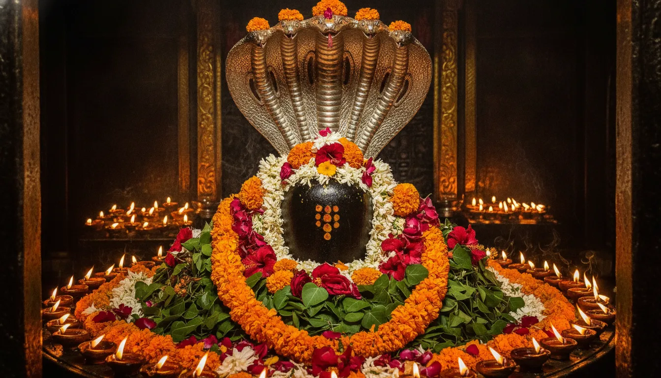 Grand festive decoration of Mallikarjun shivling for Maha Shivratri festival in full HD resolution.