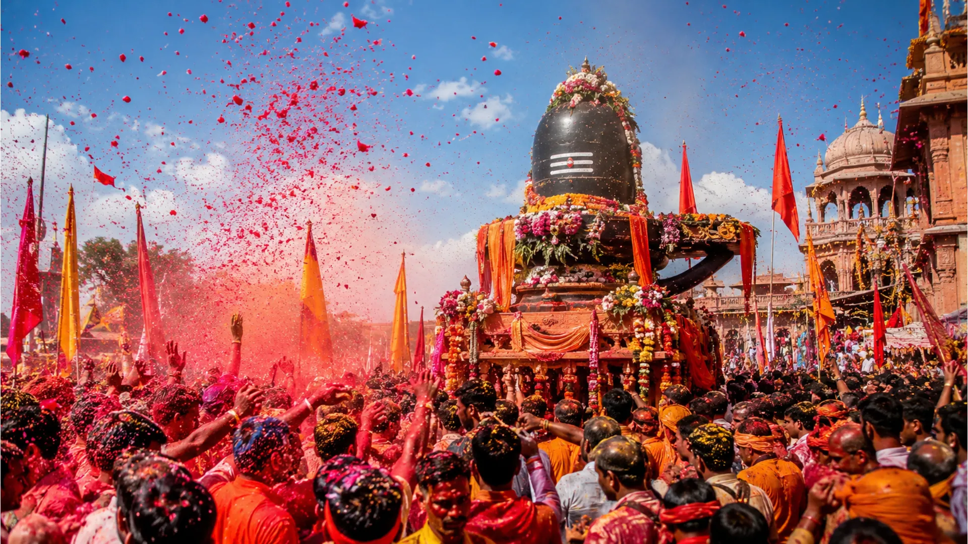 Full HD colorful image of a grand Shivling idol decorated on a chariot during a Shivratri street festival procession.