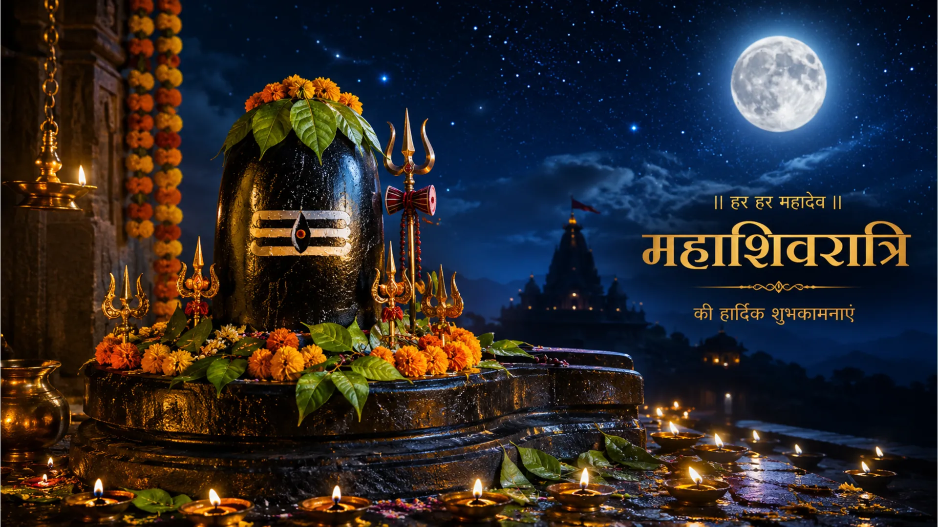 Shiva Lingam adorned with Bel Patra and flowers under a divine starry night sky.