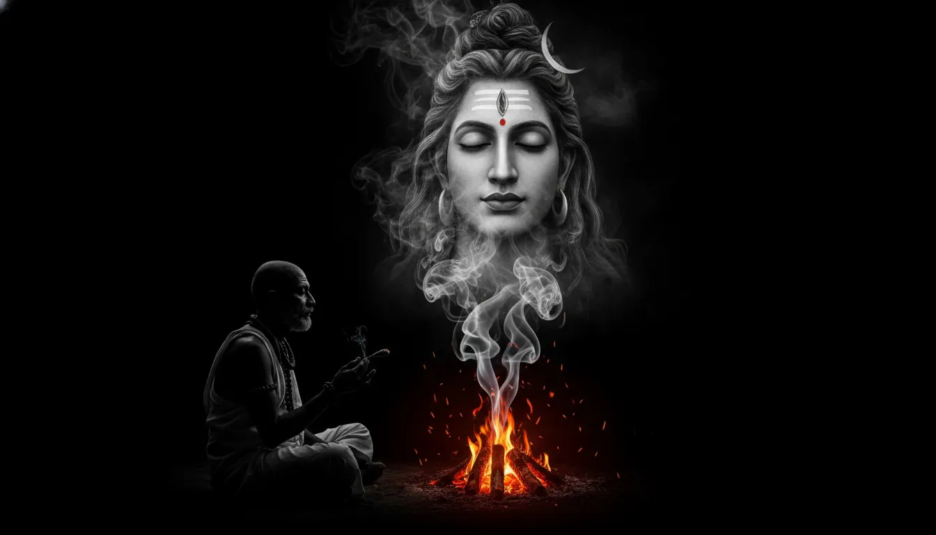 Silhouette of an Aghori sadhu with smoke forming the face of Lord Shiva and Mahakal shayari.
